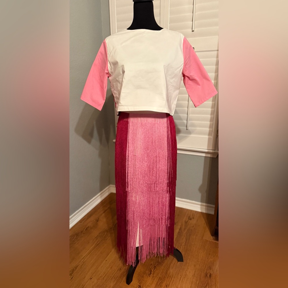NWT Buru Color Block Elastic-Back Waist Fringe Midi A-Line Skirt Size M - Picture 4 of 6